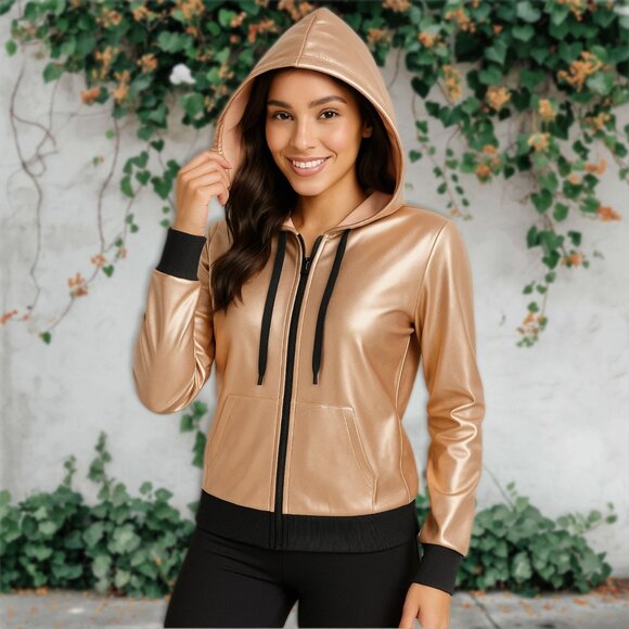 Material Girl Active Metallic Full Zip Jacket Fleece Hooded Athletic Sweater MED - Picture 1 of 12